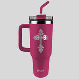 Kerusso 40 oz Stainless Steel Mug With Straw Filigree Cross