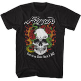 Poison - Flame Skull With Snake - American Classics - Solid Black Adult Short Sleeve T-Shirt