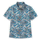 Women's Hawaiian Shirt Short Sleeve Button-up 100% Cotton Blue Aloha Dancing Koi Waves