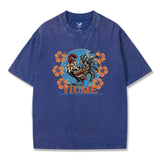 T-shirt Short Sleeve Solid Basic 100% Cotton Blue Aloha Tropical Rooster - Blue