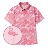 Women's Hawaiian Shirt Short Sleeve Button-up Pink Aloha Flamingos & Chameleons By House of Haricot