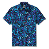 Men's Hawaiian Shirt Short Sleeve Button-down 100% Cotton Blue Aloha Midnight Garden