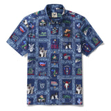 Men's Hawaiian Shirt Short Sleeve Button-down 100% Cotton White Aloha Blue American Patchwork Style Shirt