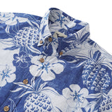 Men's Hawaiian Shirt Short Sleeve Button-down 100% Cotton Blue Aloha Pineapple and Hibiscus Blossom