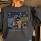 I Live Here Now Raccoon Baseball Sweatshirt | Gildan Brand