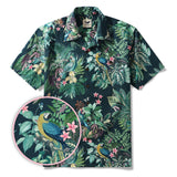 Green Hawaiian Shirt Vintage Tropical Parrot Shirt Men's 100% Cotton Short Sleeve Camp Collar Aloha Shirt