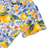 100% Silk Men's Hawaiian Shirt Short Sleeve Camp Collar 100% Silk Blue Aloha Sunlit Lemons