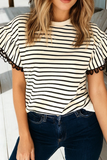 Stripe Scallop Lace Trim Ruffle Short Sleeves Top (S-Xl)