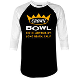 Crown Bowl - Long Beach, CA - Vintage Bowling Alley - 3/4 Sleeve Raglan T-Shirt