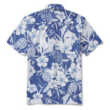 Men's Hawaiian Shirt Short Sleeve Button-down 100% Cotton Blue Aloha Pineapple and Hibiscus Blossom