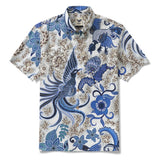 Men's Hawaiian Shirt Short Sleeve Button-down 100% Cotton Blue Aloha Blue Floral Phoenix