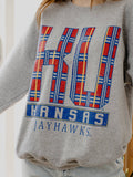 Ku Kansas Jayhawks Preppy Plaid Gray Thrifted Sweatshirt