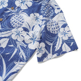 Men's Hawaiian Shirt Short Sleeve Button-down 100% Cotton Blue Aloha Pineapple and Hibiscus Blossom