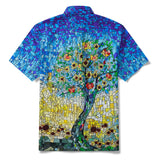 Menâ€™s Blue Hawaiian Shirt â€“ Orchard & Stained Glass Print 100% Cotton Short Sleeve Aloha Shirt