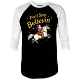 Don't Stop Believin' Santa Unicorn - 3/4 Sleeve Raglan T-Shirt