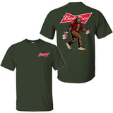 Bigfoot Budweiser T-Shirt, Sasquatch Holding Budweiser Beer Cans 2 Sided Graphic Printed Unisex Classic Comfort Cotton T-Shirt Style001