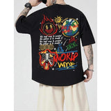 2 Sided Casual men's top for daily wear featuring a cartoon graphic print, round neck, and drop shoulder design in loose summer fashion, T-Shirt, Swea