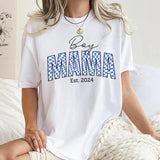 Boy Mama Est. 2024 Shirt, Boy Mom Shirt, Checkered Boy Mama Tee, Mom Graphic Printed Short Sleeve Tee Shirt, Women Cotton Fabric Comforts Shirts, Wome