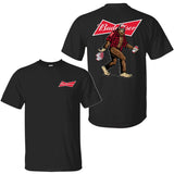 Bigfoot Budweiser T-Shirt, Sasquatch Holding Budweiser Beer Cans 2 Sided Graphic Printed Unisex Classic Comfort Cotton T-Shirt Style001