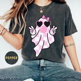 Cute Girly Ghost Blowing Bubble Tee - Retro Checkered Bow Ghost Shirt - Adorable Pink Ghost T-Shirt - Perfect for Ã¢â‚¬ËœOn Wednesdays We Wear Pink, Gift fo