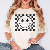 Checkered Smiley FaceT- Shirt, Retro Happy Face Tee, Vintage Checkers Shirt, Lightning Bolt Tee, Happy Shirt, Graphic Tee,Trending Tshirt Casual Top