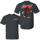 Bigfoot Budweiser T-Shirt, Sasquatch Holding Budweiser Beer Cans 2 Sided Graphic Printed Unisex Classic Comfort Cotton T-Shirt