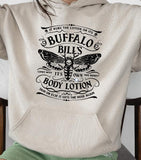 Buffalo Bill Sweatshirt - Blue Fleece Hoodie with Butterfly Graphic Design, Featuring It RUBS THE LOTION Text, Long Sleeve, Casual Style Sweathsirt