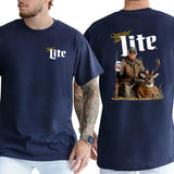 Camo Hunter Trummp With Miler Lite Beer Shirt 2-Sided, Vintage Men's Buck Hunting Tshirt, Beer Drinking Tee, Unisex Hunt Tops, Classic Casual Menswear Style001