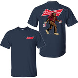 Bigfoot Budweiser T-Shirt, Sasquatch Holding Budweiser Beer Cans 2 Sided Graphic Printed Unisex Classic Comfort Cotton T-Shirt