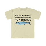 Buy a Man Eat Fish T-Shirt, He Day Teach Fish Man, Lively Meme T-Shirt for Humor Lovers, Unisex Casual Wardrobe Statement Piece
