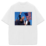 Donald Trump Fist Pump Shots Survivior President 2024 Victory Custom Graphic T-Shirt Crewneck Cotton Streetwear Style001