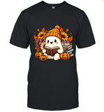 Cute Ghost Reading Book Pumpkin Flowers Long Sleeve T-Shirt_1