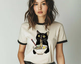 Cat Eating Ramen - Cute Funny Cat Tea Ringer Shirt