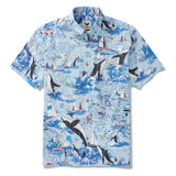 Men's Hawaiian Shirt Short Sleeve Button-down 100% Cotton White Aloha Joyful Ocean