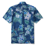 Men's Hawaiian Shirt Short Sleeve Button-down 100% Cotton Green Aloha Tranquil Blue Blossoms