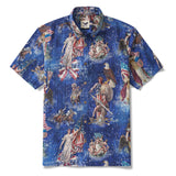 Men's Hawaiian Shirt Short Sleeve Button-down 100% Cotton Blue Aloha Stars & Stripes