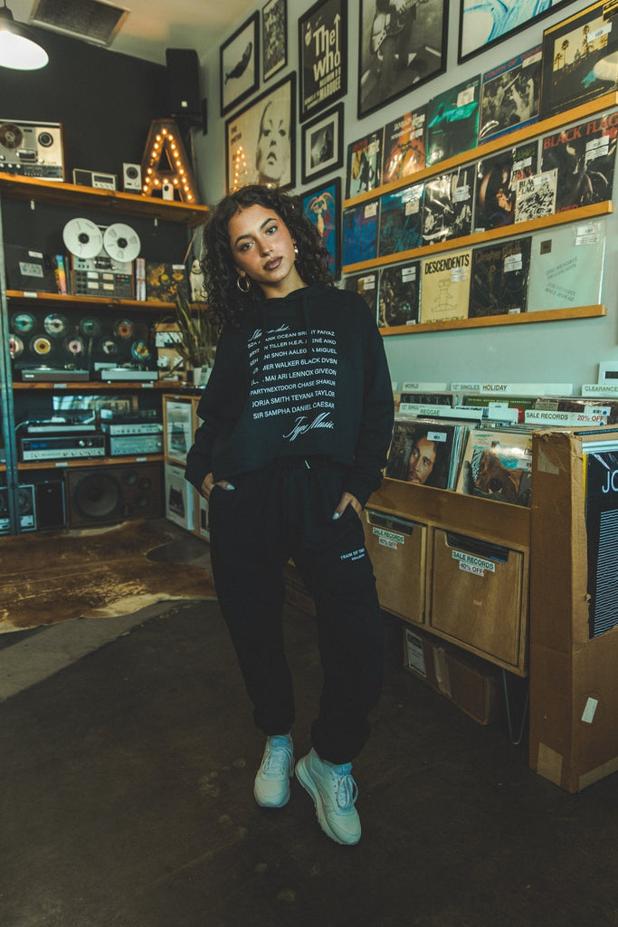I listen to that.. Modern R&B Womens Cropped Black Hoodie