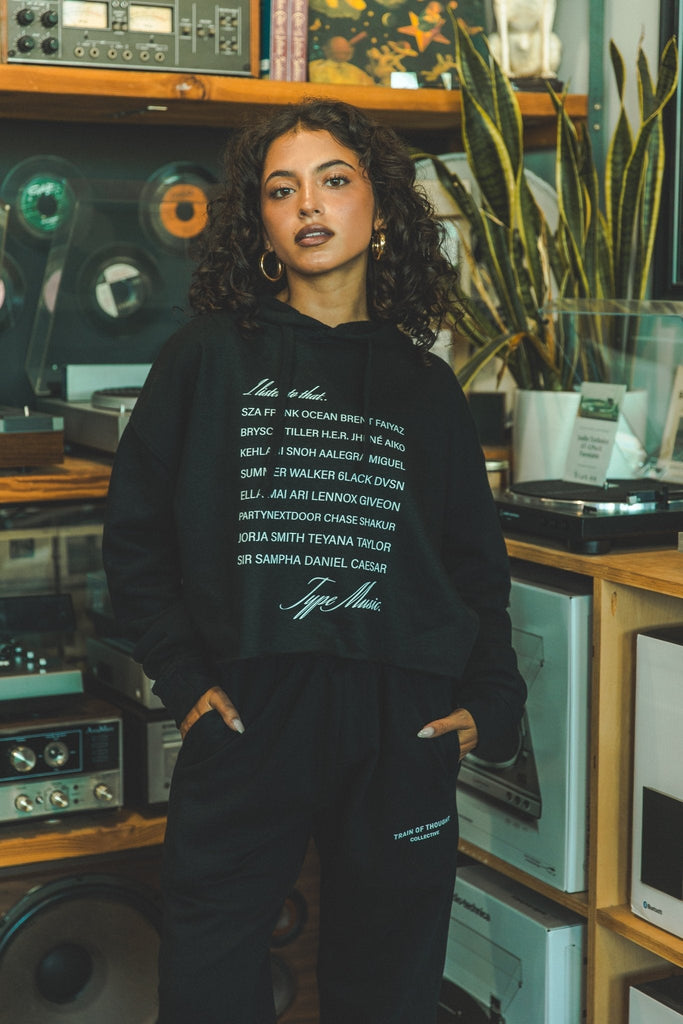 I listen to that.. Modern R&B Womens Cropped Black Hoodie