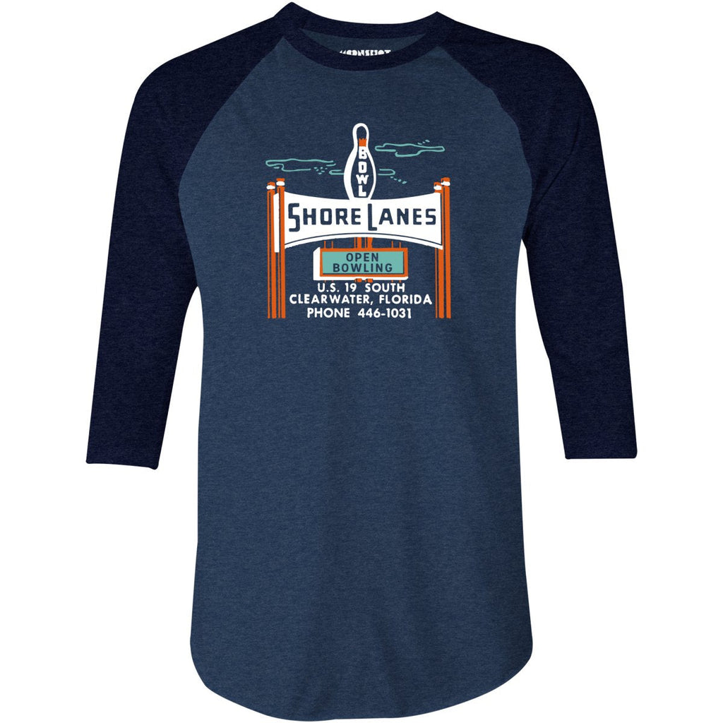 Shore Lanes - Clearwater, FL - Vintage Bowling Alley - 3/4 Sleeve Raglan T-Shirt