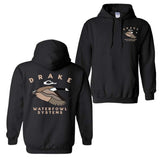 Drake Waterfowl Systems Hoodie - Classic Black Pullover with Bold Duck Design, Cozy Unisex Sweatshirt for Waterfowl and Outdoor Enthusiasts
